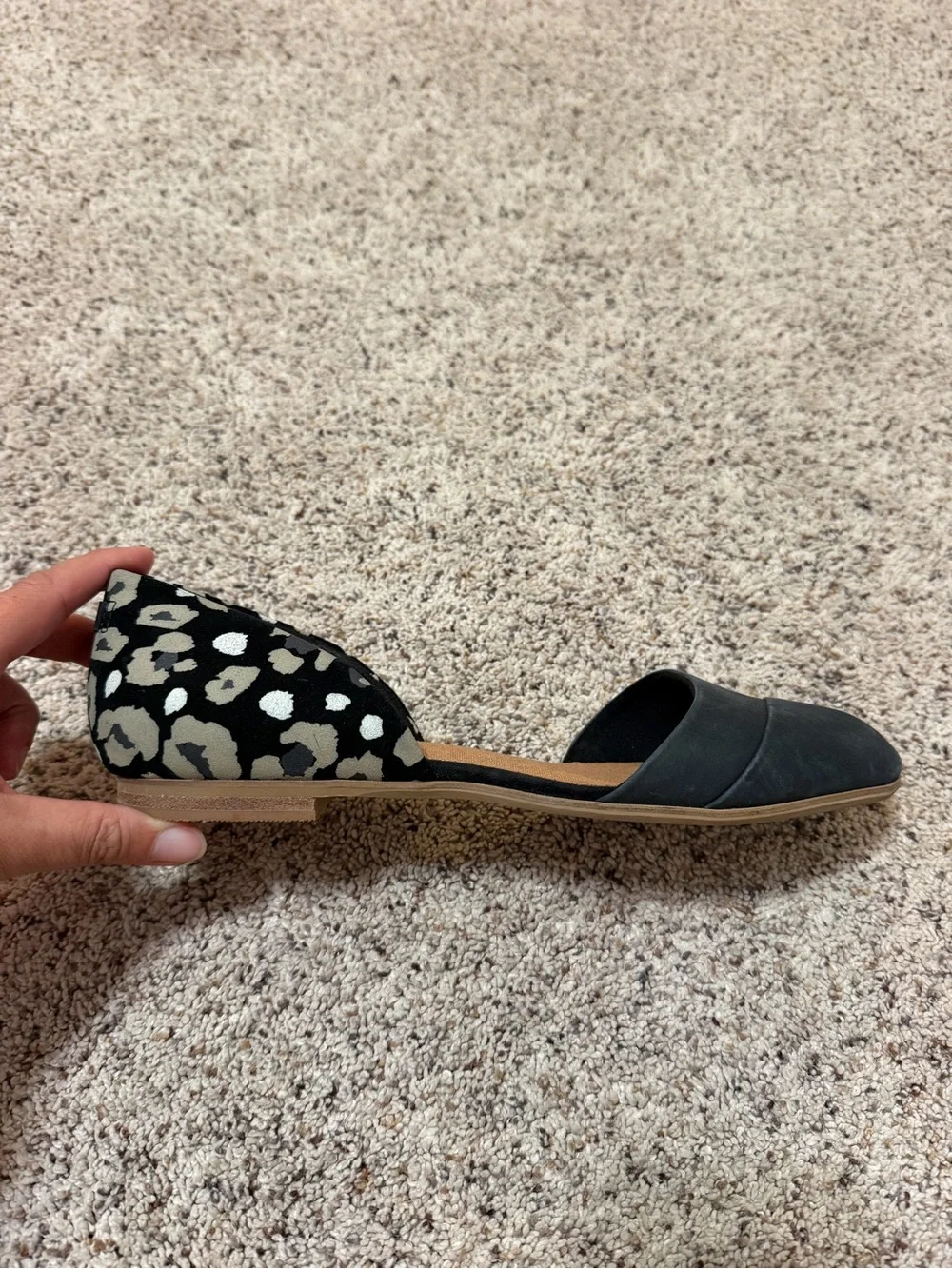 TOMS Black Flats with Black & White Leopard Heel Accent